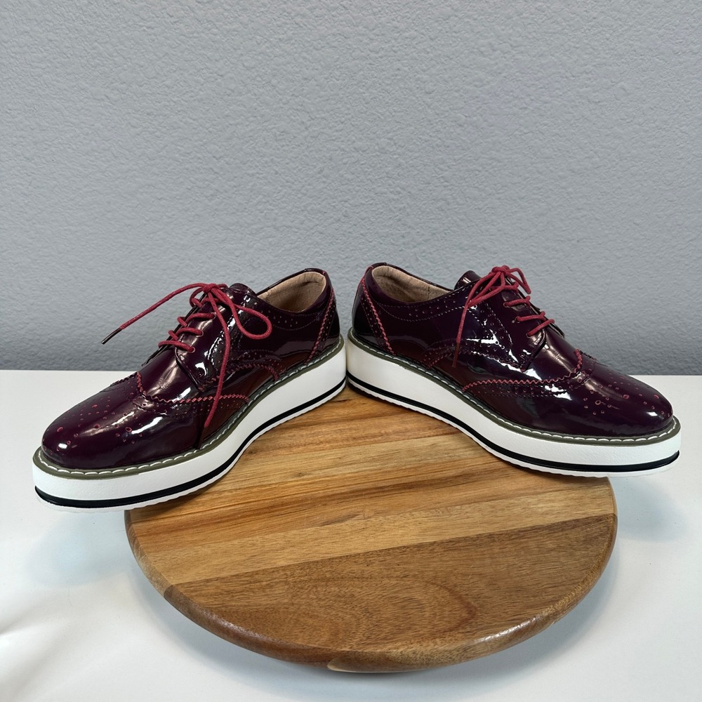 Dadawen Womens Platform Oxfords Burgundy Patent Wingtip Brogue Shoes 42 366-1.5 - Picture 5 of 8